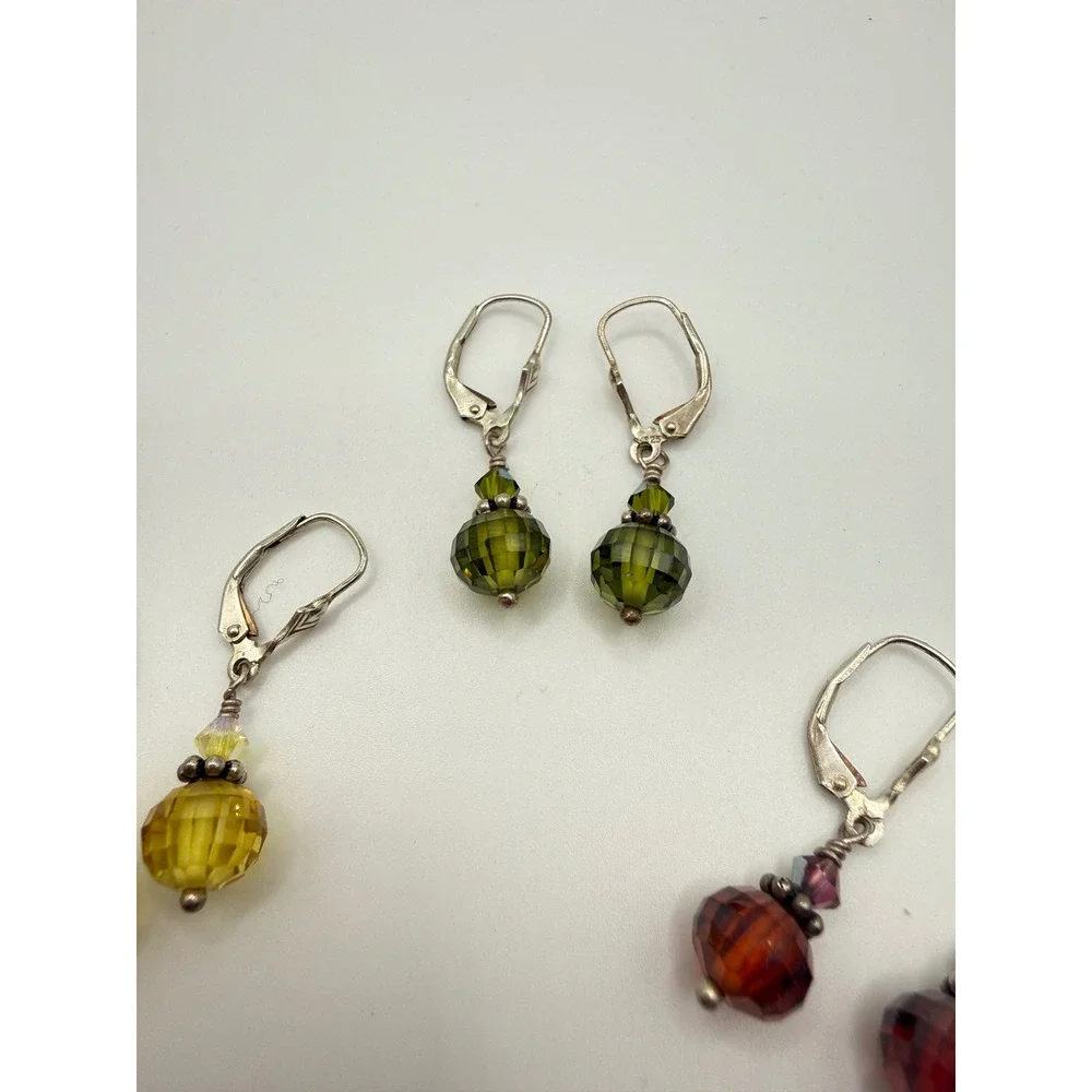 Set of 3 Sterling Silver 925 Faceted Crystal Leverback Earrings Yellow Green Red